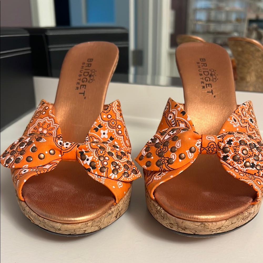 Bridget Shuster Orange bandanna Mules with Perforated Design